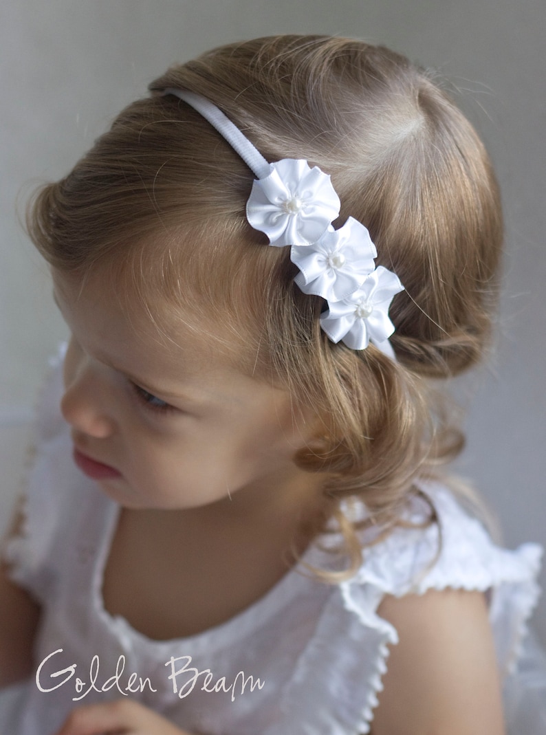 Flower Girl Headband 3 Flowers and Pearl Handmade Headband Etsy
