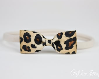 Leopard Print Baby Bow Headband - Cheetah Print Grosgrain Ribbon Small Bow Handmade Headband - Infant to Adult Headband