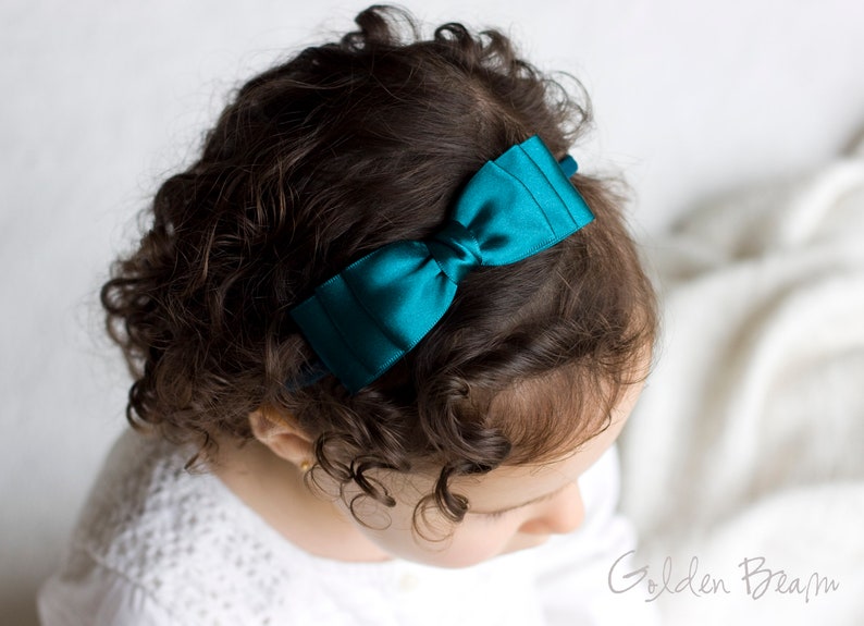 Baby Ella Bow Clip OR Headband, Flower Girl Headband, Baby Satin Bow, Girls Satin Bow, Bun Hair Bow, Baby to Adult Headband, Golden Beam Teal