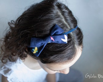 Baby Fabric Bow, Navy Birds Bow Clip OR Headband, Flower Girl Headband, Girls Fabric Bow, Bun Hair Bow,  Baby to Adult Headband