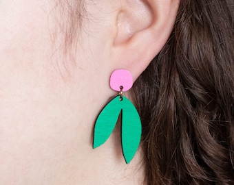 Berry Leaves Wooden Dangle Earrings, Hand Painted Colourful Jewellery, Lightweight Drop Earrings, Gift for Jewellery Lover, Maximalist Style