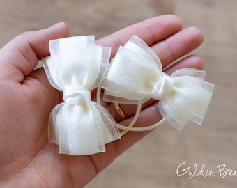 Pair of Organza and Satin Bows - Pigtail Hair Ties - Baby Small Emma- Flower Girl Hair Bobble - Girls Bows - Christening Hair Accessory