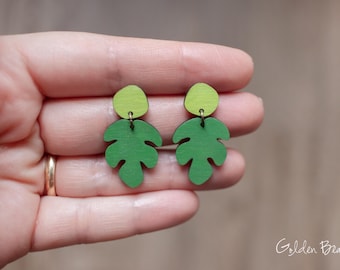 Monstera Wooden Earrings, Lightweight Dangle Jewellery, Monstera Leaf Dangly Earrings, Drop Earrings, Dangle Wooden jewellery, Gift for Her