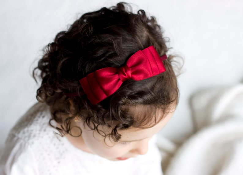 Baby Ella Bow Clip OR Headband, Flower Girl Headband, Baby Satin Bow, Girls Satin Bow, Bun Hair Bow, Baby to Adult Headband, Golden Beam Dark Red