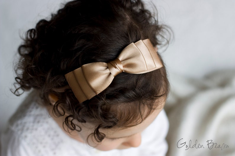 Baby Ella Bow Clip OR Headband, Flower Girl Headband, Baby Satin Bow, Girls Satin Bow, Bun Hair Bow, Baby to Adult Headband, Golden Beam Mocha/Nude