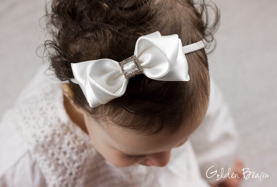 Golden Beam Flower Girl Headband Christening Bow Headband Sophie Organza Bow Handmade White Girls Bows Baby to Adult Headband Organza Baby Bow