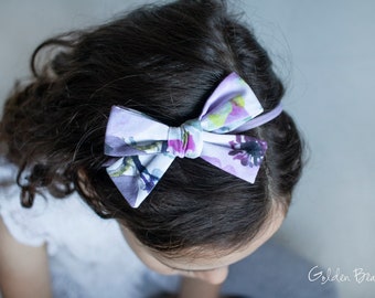 Baby Fabric Bow, Purple Watercolour Floral Bow Clip OR Headband, Flower Girl Headband, Girls Fabric Bow, Bun Hair Bow,  Baby Adult Headband