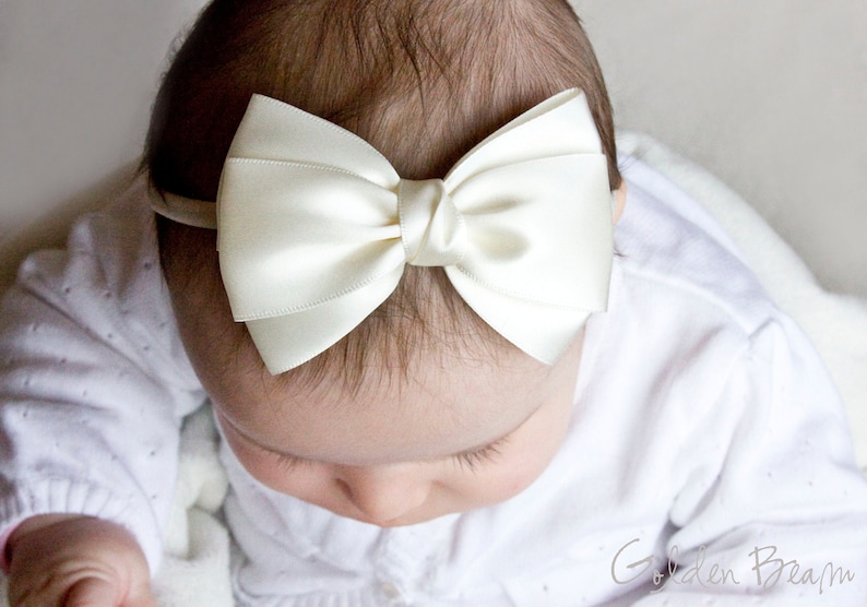 Baby Emma Bow Clip OR Headband Flower Girl Headband Big Emma Bow Baby Satin Bow Girls Satin Bow Hair Bow Baby to Adult Headband Ivory