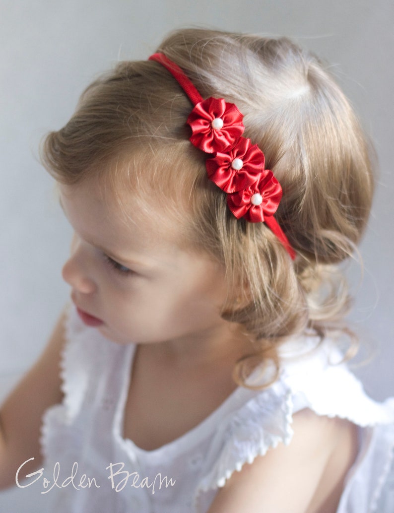 Flower Girl Headband 3 Flowers and Pearl Handmade Headband Etsy