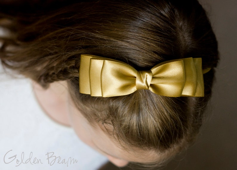 Baby Ella Bow Clip OR Headband, Flower Girl Headband, Baby Satin Bow, Girls Satin Bow, Bun Hair Bow, Baby to Adult Headband, Golden Beam Gold