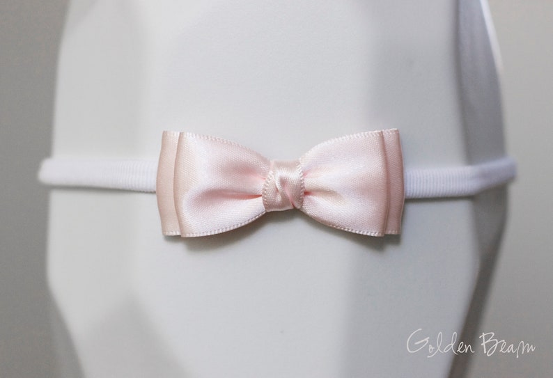 Baby Headbands, Hair bands, Headband, Flower Girl Headband, Newborn Headbands, Girl Headbands, Olivia Satin Bow, Golden Beam Light Pink and White