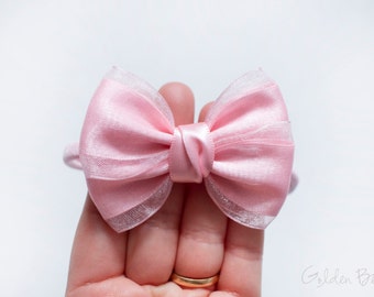 Harlow Satin and Organza Bow Clip OR Headband, Flower Girl Headband, Baby Bow, Girls Bow, Bun Hair Bow, Baby Christmas Headband, Bridal Bow