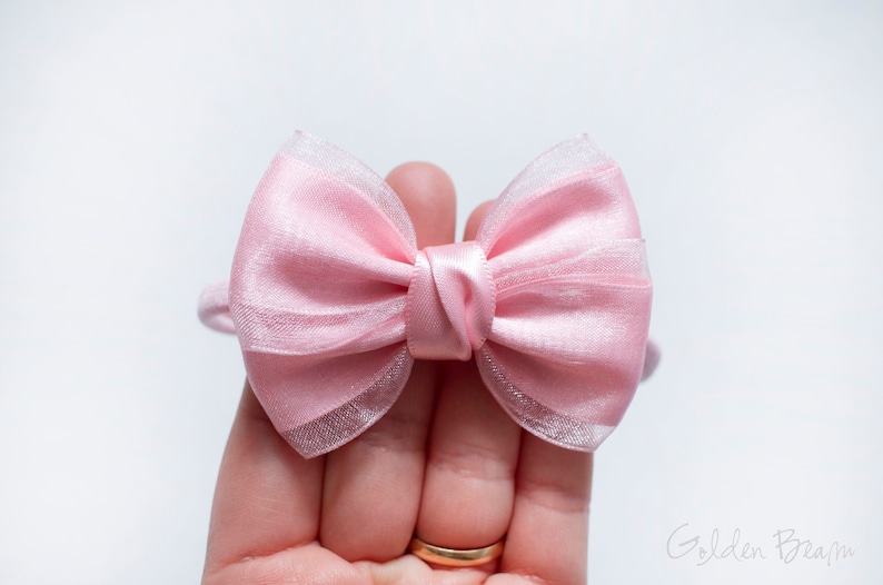 Harlow Satin and Organza Bow Clip OR Headband, Flower Girl Headband, Baby Bow, Girls Bow, Bun Hair Bow, Baby Christmas Headband, Bridal Bow image 1