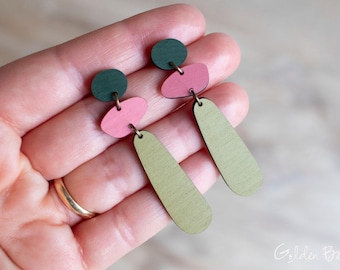 Juniper Wooden Dangle Earrings, Hand Painted Colourful Jewellery, Lightweight Drop Earrings, Gift for Jewellery Lover, Maximalist Earrings