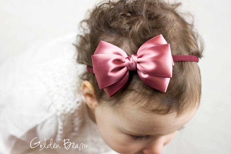 Baby Emma Bow Clip OR Headband Flower Girl Headband Big Emma Bow Baby Satin Bow Girls Satin Bow Hair Bow Baby to Adult Headband Dusky Rose