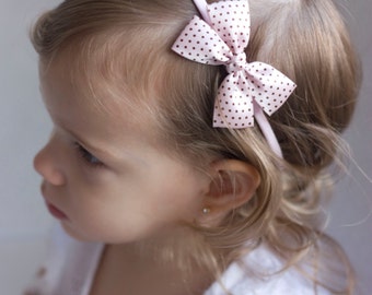 Polka Dot Baby Bow Headband - Soft Pink Polka Dot  Satin Bow Baby Handmade Headband - Baby Shower Gift - Newborn Headband - Nylon Headband