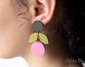 Leaves and Fruit Dangle Earrings, Hand Painted Jewellery, Lightweight Drop Earrings, Gift for Jewellery Lover, Maximalist Earrings, Wood