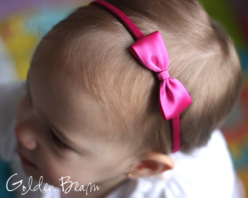 Baby Headbands, Hair bands, Headband, Flower Girl Headband, Newborn Headbands, Girl Headbands, Small Satin Bow, Golden Beam Hot Pink