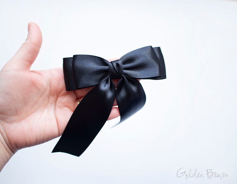Flower Girl Bow, Long Tail Satin Bow Clip, Girls Satin Bow, Amanda Large Hair Bow, Children to Adult Hairbow, Bridal Hairpiece, Gift for Her Black