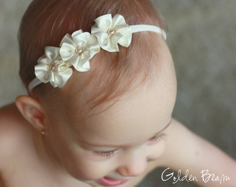 Flower Girl Headband - 3 Flowers and Pearl Handmade Headband - Baby to Adult Headband - Golden Beam Accessories