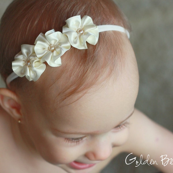 Bandeau Flower Girl - 3 fleurs et bandeau fait main en perles - Bandeau bébé à adulte - Accessoires Golden Beam