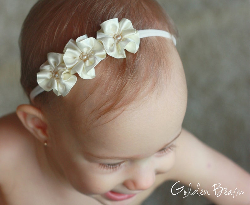 Flower Girl Headband 3 Flowers and Pearl Handmade Headband Baby to Adult Headband Golden Beam Accessories image 1