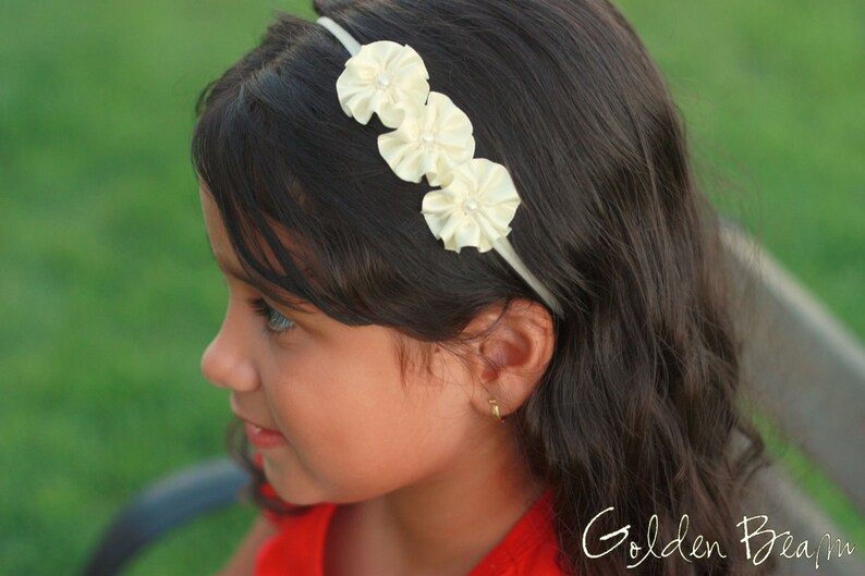 Flower Girl Headband 3 Flowers and Pearl Handmade Headband Baby to Adult Headband Golden Beam Accessories image 7