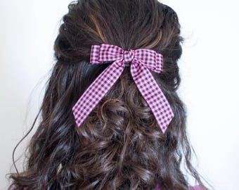 Gingham Bow, Pink Gingham Bow, Spring Summer Bow, Long Tail Bow Clip, Girls, Amanda Small Bow, Girls Bows, Ladies Bows Gift for Her