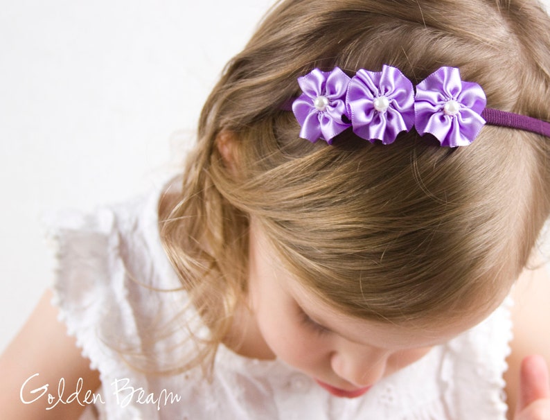 Flower Girl Headband 3 Flowers and Pearl Handmade Headband Baby to Adult Headband Golden Beam Accessories image 3