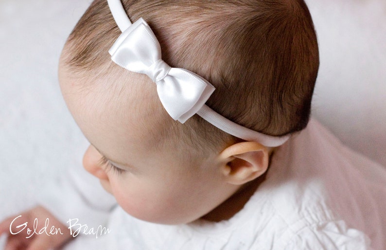 Baby Headbands, Hair bands, Headband, Flower Girl Headband, Newborn Headbands, Girl Headbands, Olivia Satin Bow, Golden Beam White