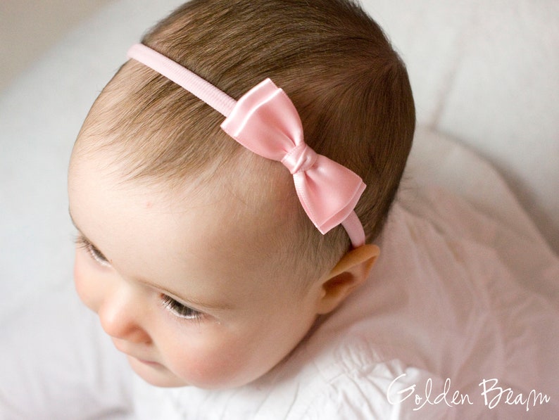 Baby Headbands, Hair bands, Headband, Flower Girl Headband, Newborn Headbands, Girl Headbands, Olivia Satin Bow, Golden Beam Soft Pink