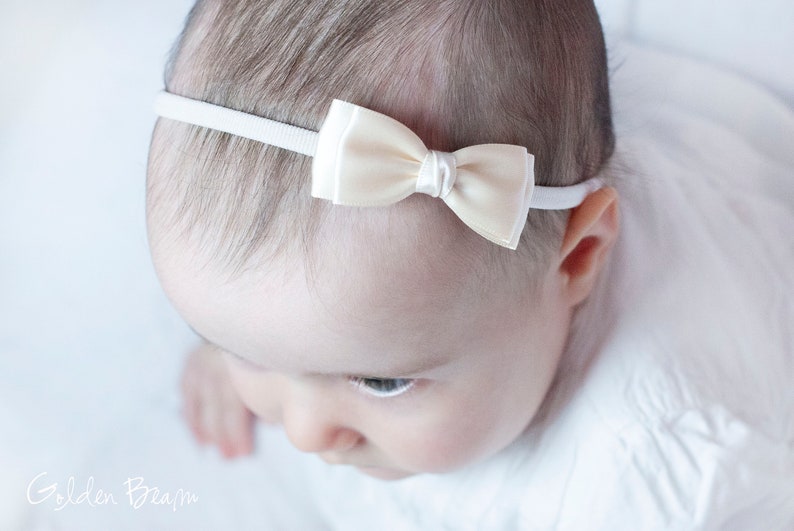 Baby Headbands, Hair bands, Headband, Flower Girl Headband, Newborn Headbands, Girl Headbands, Olivia Satin Bow, Golden Beam Ivory