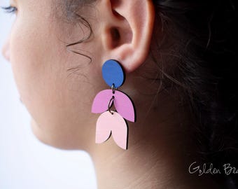 Upside Down Tulip Dangle Earrings, Hand Painted Jewellery, Lightweight Drop Earrings, Gift for Jewellery Lover, Maximalist Earrings, Wood