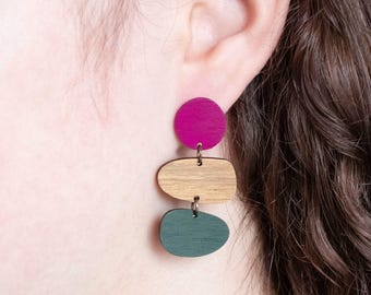 Pebbles Inspired Wooden Dangle Earrings, Hand Painted Colourful Jewellery, Lightweight Drop Earrings, Gift for Her, Maximalist Style