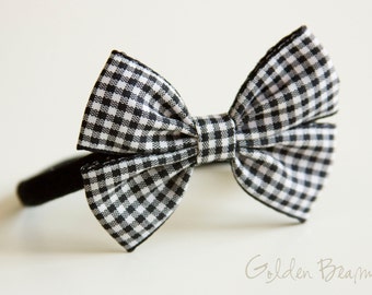 Gingham Ribbon Bows - Gingham Black and White Like a Butterfly Bow Baby Handmade Headband - Back to School