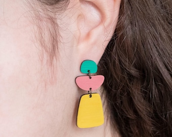 Belle Wooden Dangle Earrings, Hand Painted Colourful Jewellery, Lightweight Drop Earrings, Gift for Jewellery Lover, Maximalist Style