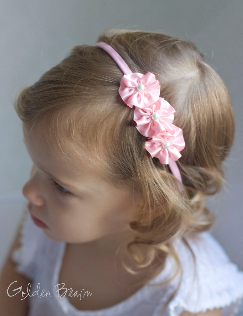 Flower Girl Headband 3 Flowers and Pearl Handmade Headband Baby to Adult Headband Golden Beam Accessories image 4