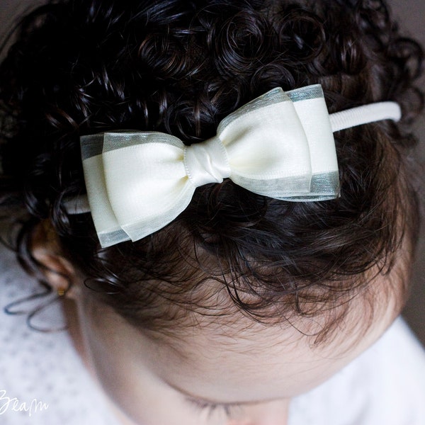 Amelia Satin and Organza Bow Clip OR Headband, Flower Girl Headband, Baby Bow, Girls Bow, Bun Hair Bow, Baby Headband, Bridal Bow