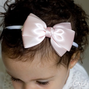 Baby Emma Bow Clip OR Headband Flower Girl Headband Big Emma Bow Baby Satin Bow Girls Satin Bow Hair Bow Baby to Adult Headband Light Pink and White