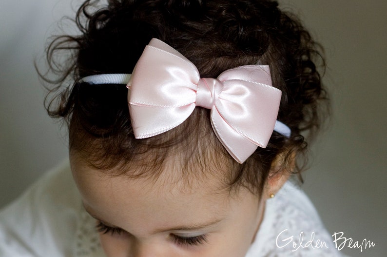 Baby Emma Bow Clip OR Headband Flower Girl Headband Big Emma Bow Baby Satin Bow Girls Satin Bow Hair Bow Baby to Adult Headband Light Pink and White