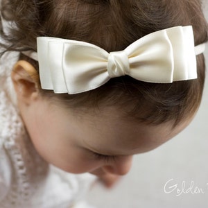 Baby Ella Bow Clip OR Headband, Flower Girl Headband, Baby Satin Bow, Girls Satin Bow, Bun Hair Bow, Baby to Adult Headband, Golden Beam Ivory