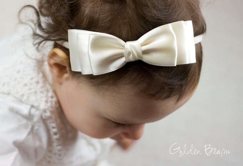 Baby Ella Bow Clip OR Headband, Flower Girl Headband, Baby Satin Bow, Girls Satin Bow, Bun Hair Bow, Baby to Adult Headband, Golden Beam Ivory