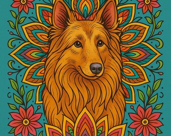 May include: A digital illustration featuring a dog with long, flowing fur, surrounded by floral and mandala-style designs. The text "PRINTABLE COLORING PAGES" and "INSTANT DOWNLOAD" are displayed on a teal background.
