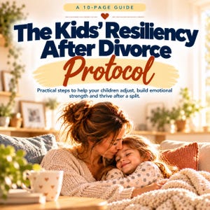 Könnte beinhalten: Ein 10-seitiger Leitfaden mit dem Titel The Kids' Resiliency After Divorce Protocol und dem Text: Practical steps to help your children adjust, build emotional strength and thrive after a split. Das Cover zeigt ein Elternteil und ein Kind.