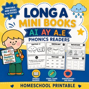 Op de afbeelding: Een kleurrijke educatieve print voor kleuters en groep 2. De afbeelding toont een kind dat een boek vasthoudt met de titel "AI AY Phonics Readers, Vowel Teams Practice, Kindergarten." De print bevat miniboeken en activiteiten voor klanklezers.
