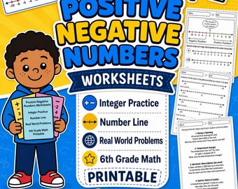 6th Grade Integer Worksheets, Positive Negative Numbers, Number Line Practice (Digital Download)