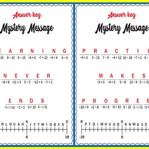 May include: Educational worksheet with the title "Mystery Message" and the words "Answer key" in red. The worksheet features math problems and a scale from -10 to 10, designed for learning and practice.