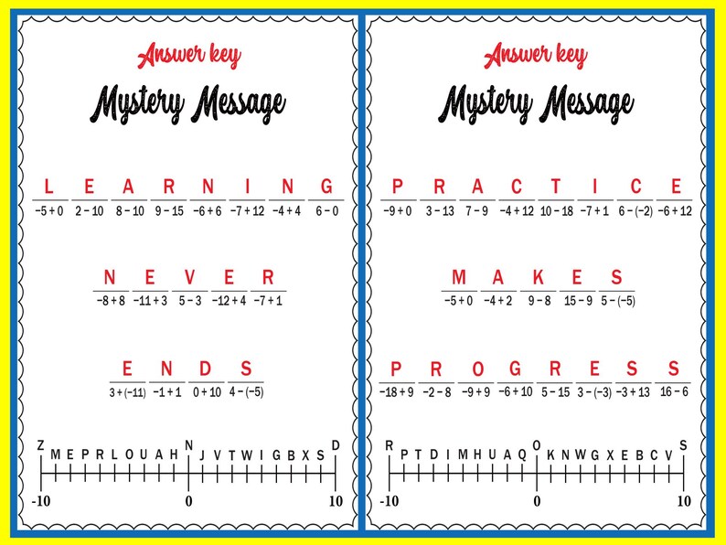 May include: Educational worksheet with the title "Mystery Message" and the words "Answer key" in red. The worksheet features math problems and a scale from -10 to 10, designed for learning and practice.
