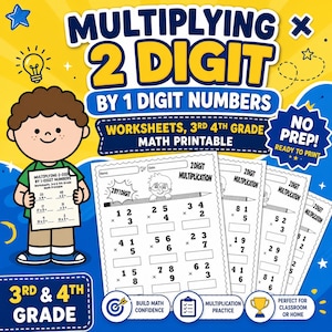 May include: A colorful educational worksheet set for 3rd and 4th grade math, featuring multiplication problems. The image includes a cartoon illustration of a child holding a sample worksheet, with the text "Multiplying 2 Digit by 1 Digit Numbers".