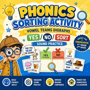 Phonics Sorting Activity, Vowel Teams Digraphs, Sound Practice (PDF Download)